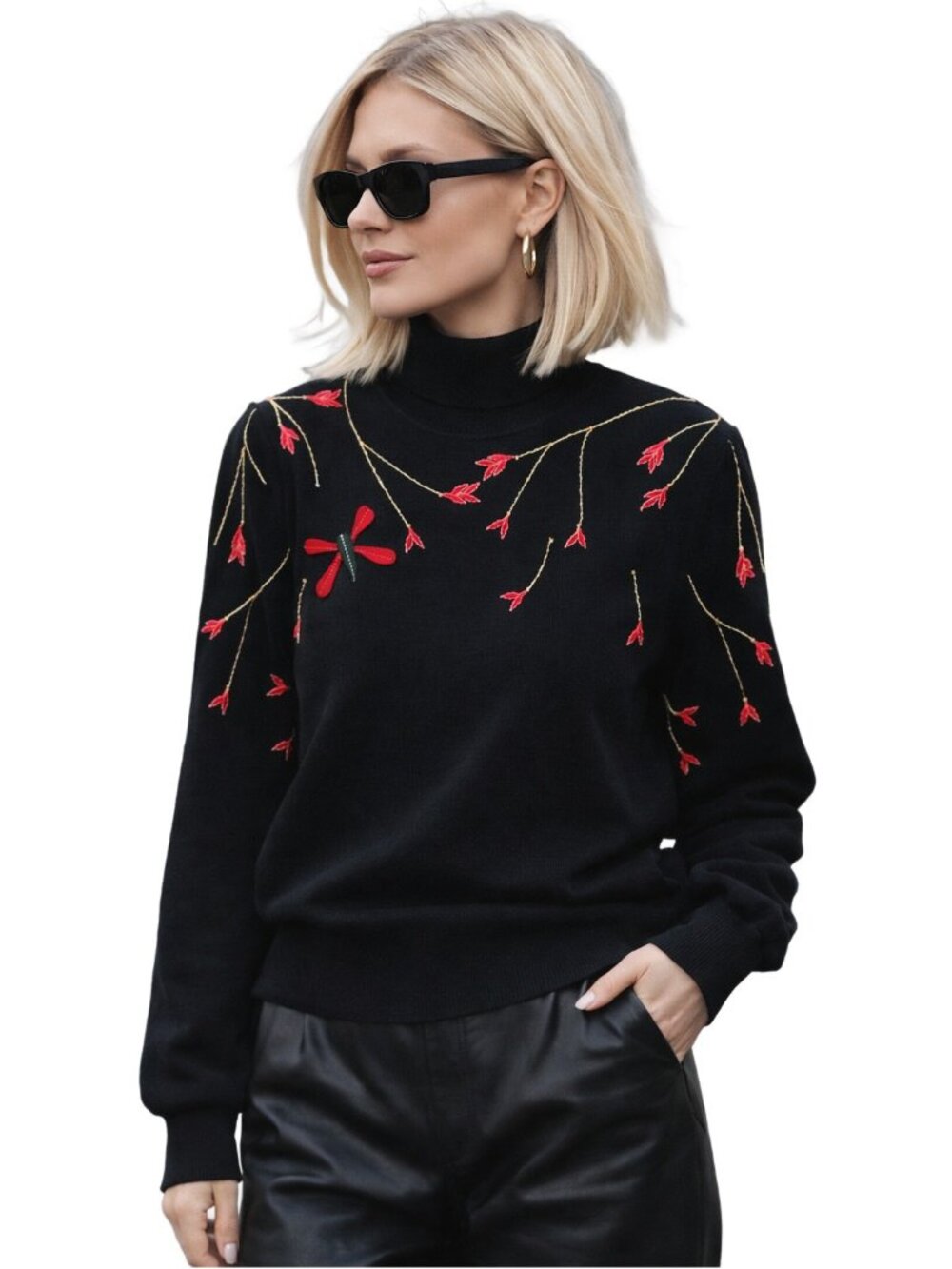 Vintage ST JOHN MARIE GRAY Dragonfly Embroidered Black Santana Knit Sweater Sz 8